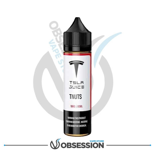 Tesla Juice TNUTS vape juice bottle with Tesla logo on a white background