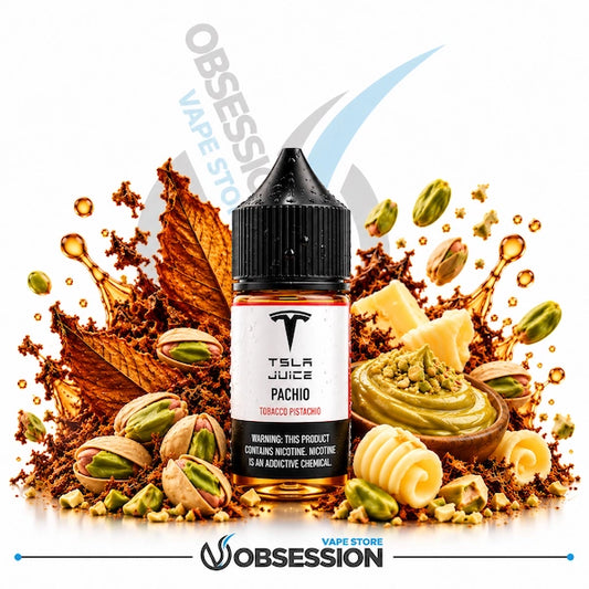 A bottle of TSLA Juice Pachio Tobacco Podio e-liquid centered against a white background, surrounded by stylized props including pistachios, coffee beans, leaves, and a green paste. The bottle label shows the TSLA logo and the name Pachio.