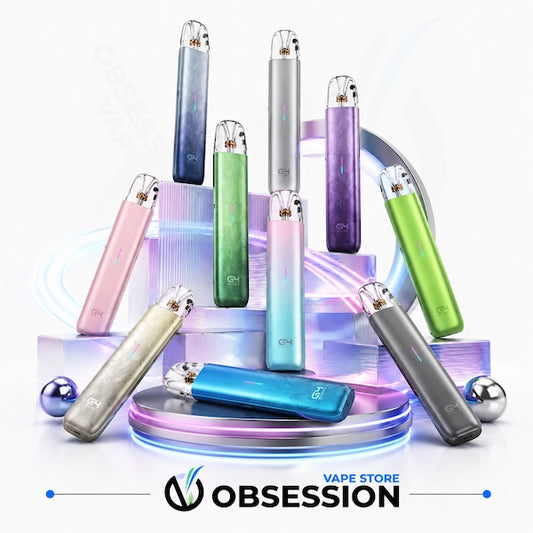 Multiple slim vape devices in assorted colors are arranged on glowing display platforms against a clean white background, with the Obsession brand logo and 'VAPE STORE' text at the bottom.