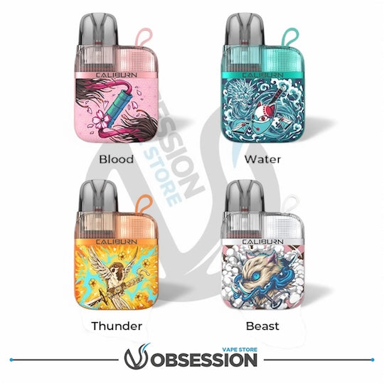 Four Caliburn vape devices with different designs labeled 'Blood', 'Water', 'Thunder', and 'Beast' on a white background.