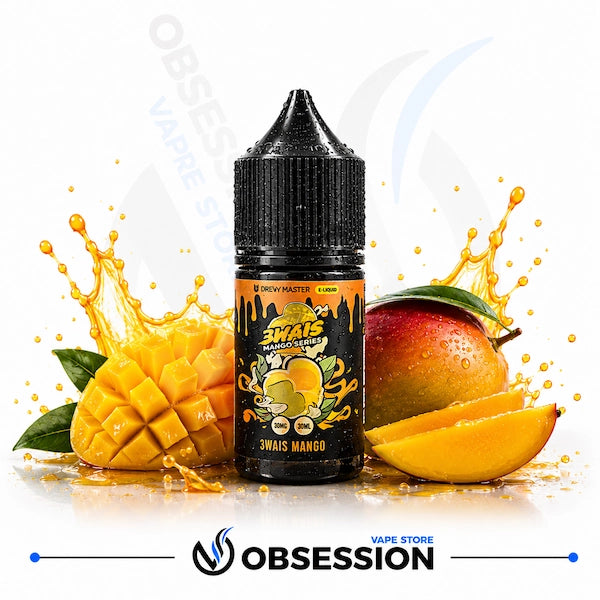 Uwell Brewmaster 3wais Mango vape juice bottle with a whole mango, cubed mango, mango slices, and vibrant orange liquid splash elements on a white background.