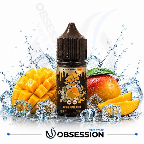 Uwell Brewmaster 3wais Mango Ice vape juice bottle with a whole mango, cubed mango, mango slices, and ice-themed elements with clear water splashes on a white background.