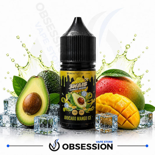 Uwell Brewmaster 3wais Mango Series – Avocado Mango Ice 30ml.webp shows a Uwell Brewmaster Avocado Mango Ice vape juice bottle surrounded by a halved avocado with its pit, a whole avocado, a whole fresh mango with green leaves, a cubed mango, and ice-themed elements with light green liquid splashes on a white background.