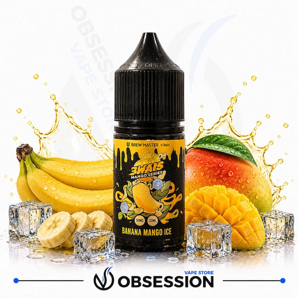 Uwell Brewmaster 3wais Mango Series – Banana Mango Ice 30ml.webp shows a Uwell Brewmaster Banana Mango Ice vape juice bottle surrounded by a bunch of whole bananas, banana slices, a whole fresh mango with green leaves, a cubed mango, and ice-themed elements with yellow liquid splashes on a white background.