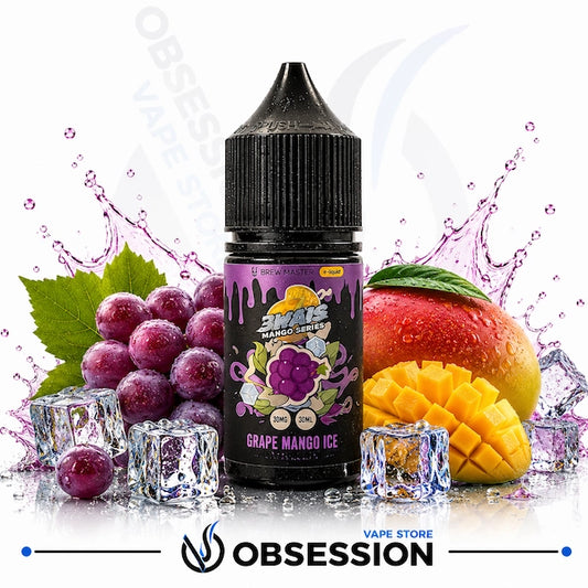 Uwell Brewmaster 3wais Mango Series – Grape Mango Ice 30ml.webp shows a Uwell Brewmaster Grape Mango Ice vape juice bottle surrounded by a cluster of purple grapes with a green leaf, a whole fresh mango, a cubed mango, and ice-themed elements with purple-tinted liquid splashes on a white background.