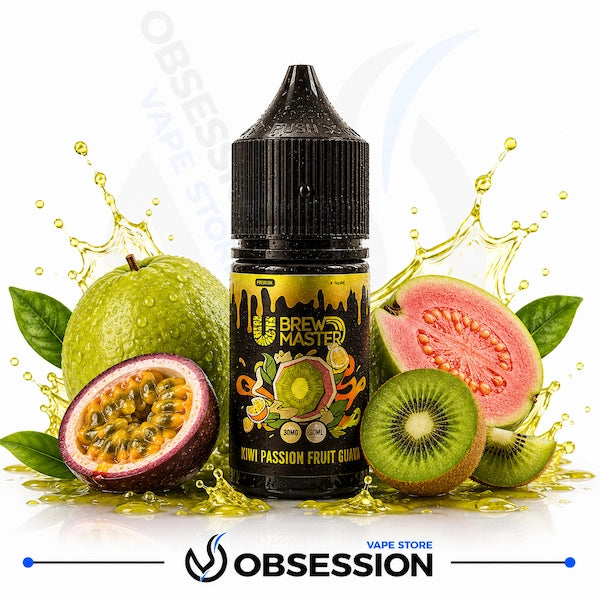 Uwell Brewmaster 3wais Mango Series – Kiwi Passion Fruit Guava 30ml.webp shows a Uwell Brewmaster Kiwi Passion Fruit Guava vape juice bottle surrounded by a halved passion fruit, a whole and a halved pink guava, kiwi fruit slices, and vibrant yellow-green liquid splash elements on a white background.
