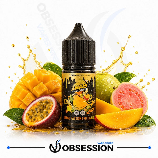 Uwell Brewmaster 3wais Mango Series – Mango Passion Fruit Guava 30ml.webp shows a Uwell Brewmaster Mango Passion Fruit Guava vape juice bottle surrounded by a cubed mango, mango slices, a halved passion fruit, a whole and a halved pink guava, and vibrant yellow-orange liquid splash elements on a white background.