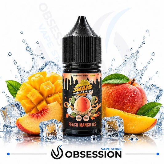 Uwell Brewmaster 3wais Mango Series – Peach Mango Ice 30ml.webp shows a Uwell Brewmaster Peach Mango Ice vape juice bottle surrounded by a cubed mango, peach slices, a whole fresh peach with green leaves, and ice-themed elements with clear water splashes on a white background.