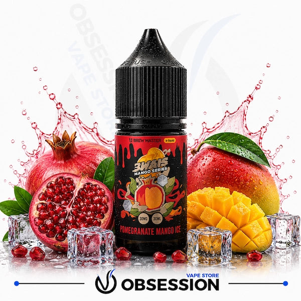 Uwell Brewmaster 3wais Mango Series – Pomegranate Mango Ice 30ml.webp shows a Uwell Brewmaster Pomegranate Mango Ice vape juice bottle surrounded by a whole pomegranate, a halved pomegranate revealing its seeds, loose pomegranate arils, a whole fresh mango with green leaves, a cubed mango, and ice-themed elements with reddish-pink liquid splashes on a white background.
