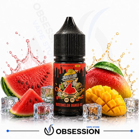 Uwell Brewmaster 3wais Mango Series – Watermelon Mango Ice 30ml shows a Uwell Brewmaster Watermelon Mango Ice vape juice bottle surrounded by a large watermelon slice, a triangular watermelon wedge, a whole fresh mango, a cubed mango, and ice-themed elements with red and orange liquid splashes on a white background.