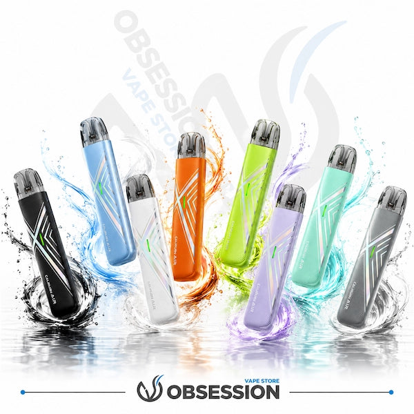 Six Obsession Vape disposable vape devices in assorted colors (black, blue, white, orange, green, purple, mint, and gray) arranged in a row with colorful liquid splash effects behind them on a white background with a faint watermark and the Obsession brand logo at the bottom.
