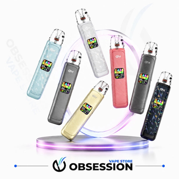 Six G4 vape devices in assorted colors (light blue, white, dark gray, pink, gold, and black patterned) arranged on a glowing circular display stand with the Obsession Vape Store logo at the bottom.
