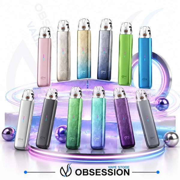 Uwell G4 Mini vape devices in various colors are arranged in two rows on a stylized white background with purple neon rings, metallic spheres, and a 'OBSESSION VAPE STORE' logo at the bottom.