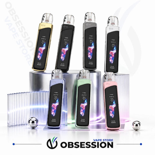 Six disposable vape devices arranged on metallic pedestals against a white studio background. The devices come in multiple color variants: gold, silver, black, lavender, mint green, and pink.