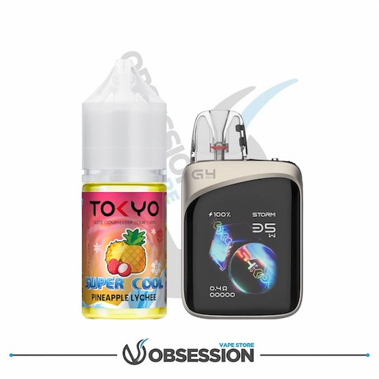 Vape device and Tokyo Super Cool Pineapple Lychee e-liquid bottle on a white background with 'Obsession' branding.