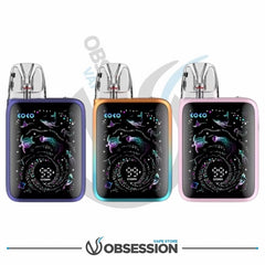 Three vaping devices with colorful designs on a white background, branded as Obsession Vape Store.
