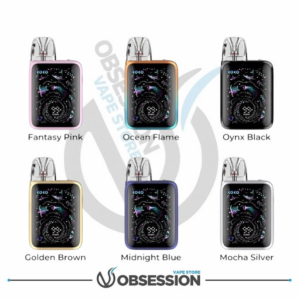 Six different colored vape devices with 'Obsession Vape Store' branding.