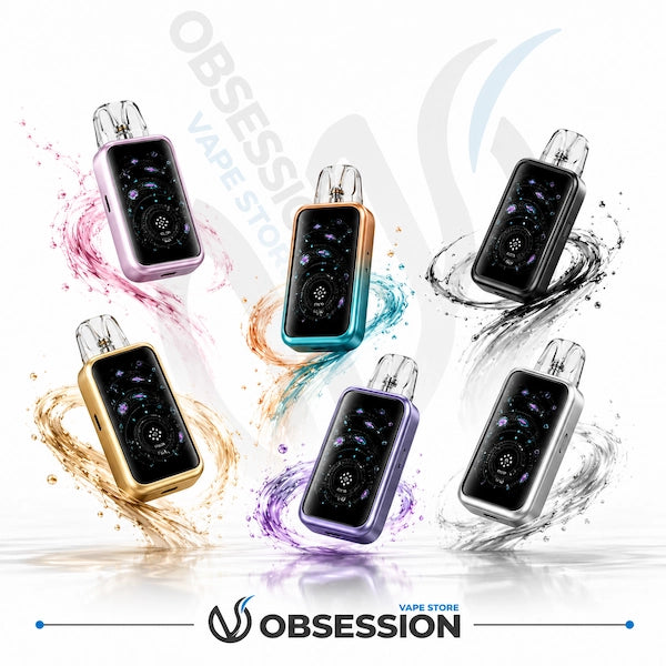 This image showcases six color variants of a compact pod system device arranged in a circular formation, each surrounded by a color-matched liquid swirl on a clean, reflective white background:
Product Features & Display
Display Screen: Each device features a prominent full-front digital screen displaying a cosmic, celestial-themed UI with orbital patterns and galaxy graphics.
Pod & Mouthpiece: Every unit is topped with a clear, transparent refillable pod mouthpiece.