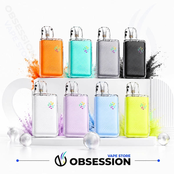 Eight vape devices in assorted colors are displayed on a white stand with paint splashes and reflective spheres. The brand 'Obsession' is visible at the bottom.
