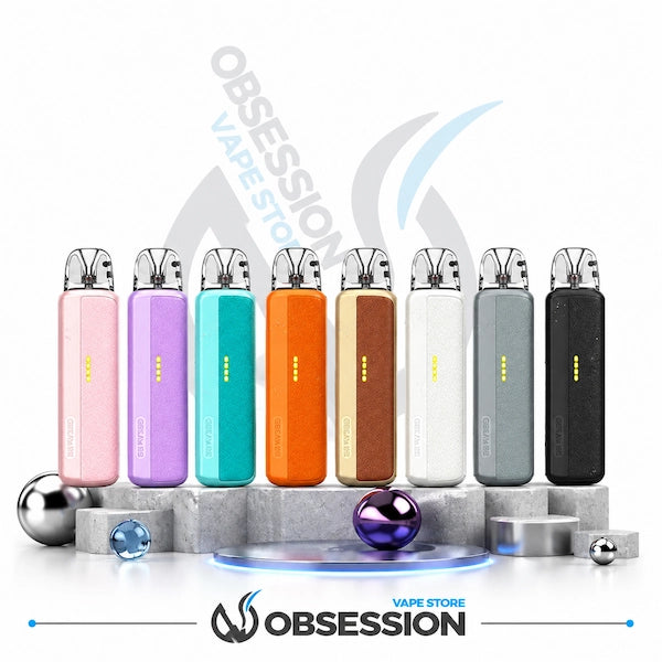 Eight vape devices in different colors are lined up on gray pedestals against a white background. The devices come in pink, purple, teal, orange, brown, white, gray, and black.