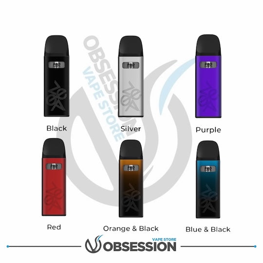 Vape devices in various colors with 'Obsession Vape Store' branding on a white background.