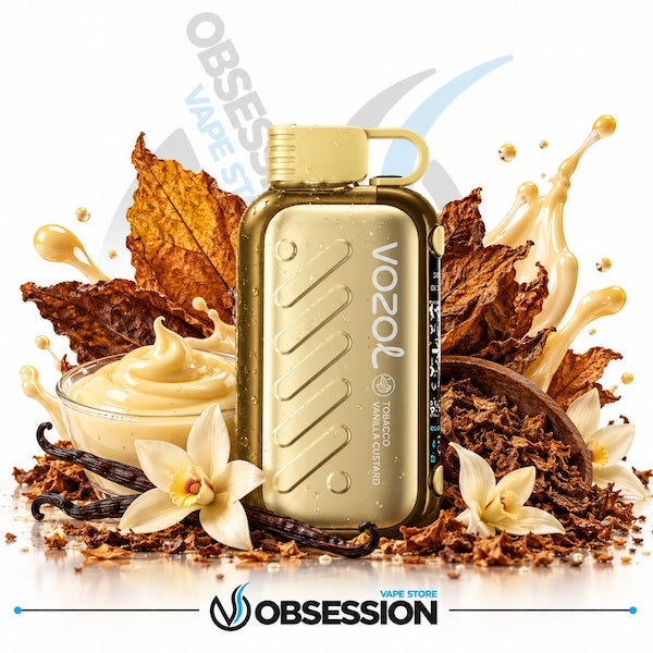 A Vozel Tobacco Nicotine Pod vape device in a metallic gold finish, styled with tobacco leaves, vanilla flowers, vanilla extract, and cream splashes on a white background with Obsession branding.