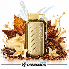 A Vozel Tobacco Nicotine Pod vape device in a metallic gold finish, styled with tobacco leaves, vanilla flowers, vanilla extract, and cream splashes on a white background with Obsession branding.