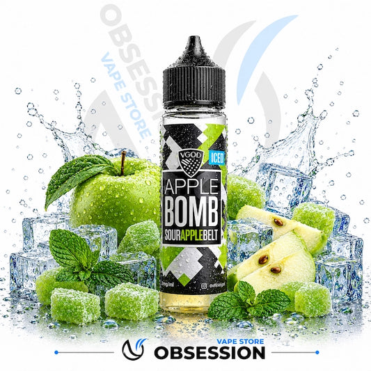Vape juice bottle labeled 'Apple Bomb' surrounded by green apples, ice cubes, and mint leaves on a white background.