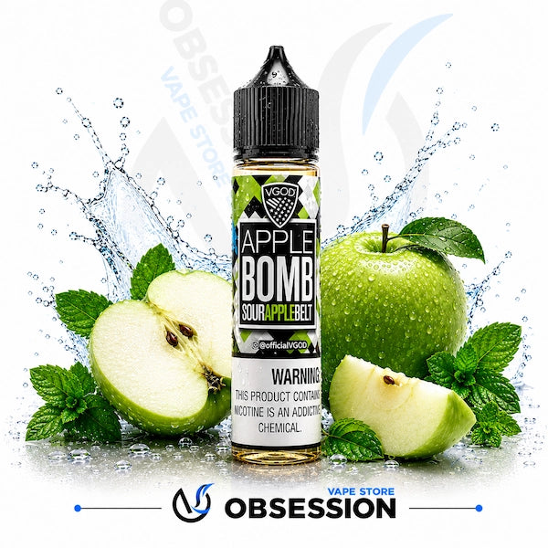 Vape juice bottle labeled 'Apple Bomb' surrounded by green apples and mint leaves on a white background.