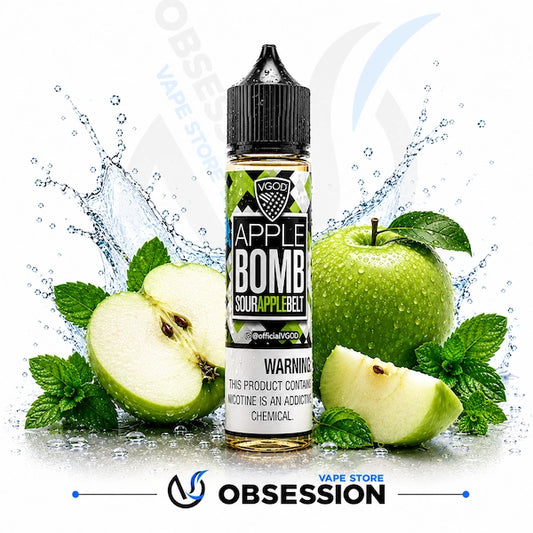 Vape juice bottle labeled 'Apple Bomb' surrounded by green apples and mint leaves on a white background.