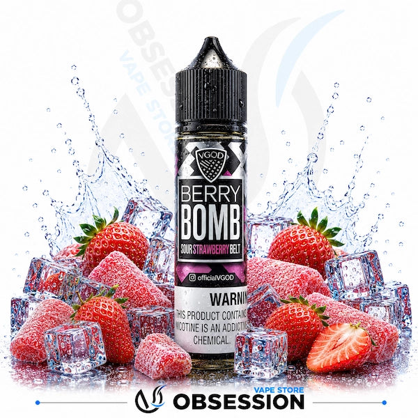 Vape juice bottle labeled 'Berry Bomb' surrounded by strawberries and ice cubes on a white background.