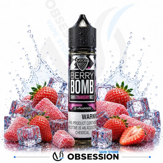 Vape juice bottle labeled 'Berry Bomb' surrounded by strawberries and ice cubes on a white background.