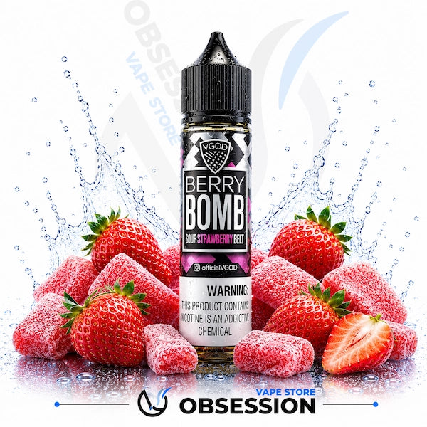Vape juice bottle labeled 'Berry Bomb' surrounded by strawberries with a visible brand logo.