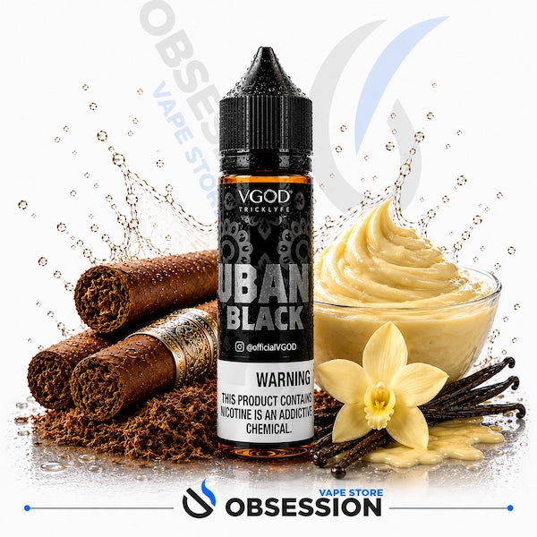 VGod cUrban Black vape juice bottle with vanilla elements andObsession Vape Store logo.