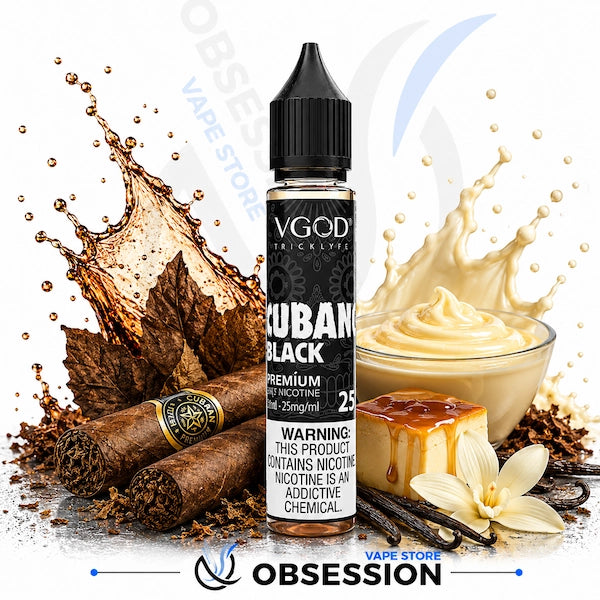 VGOD cubano Black vape juice bottle with vanilla and cinnamon elements on a white background
