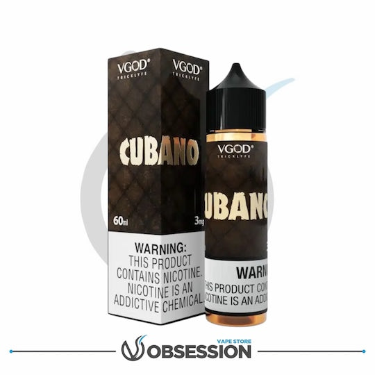 VGOD Cubano vape juice bottle and packaging on a white background