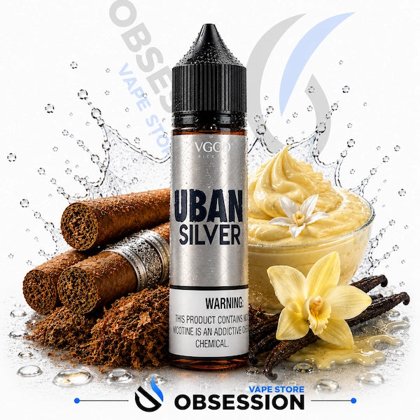 VGOD cubano Silver vape juice bottle with vanilla beans, cinnamon sticks, and flowers on a white background.