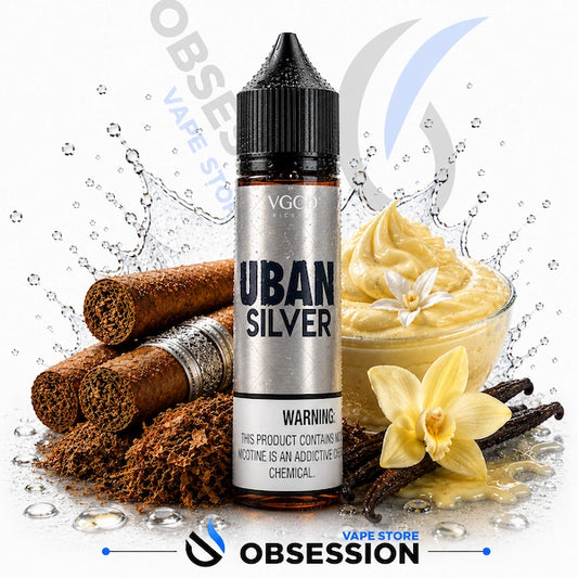 VGOD cubano Silver vape juice bottle with vanilla beans, cinnamon sticks, and flowers on a white background.