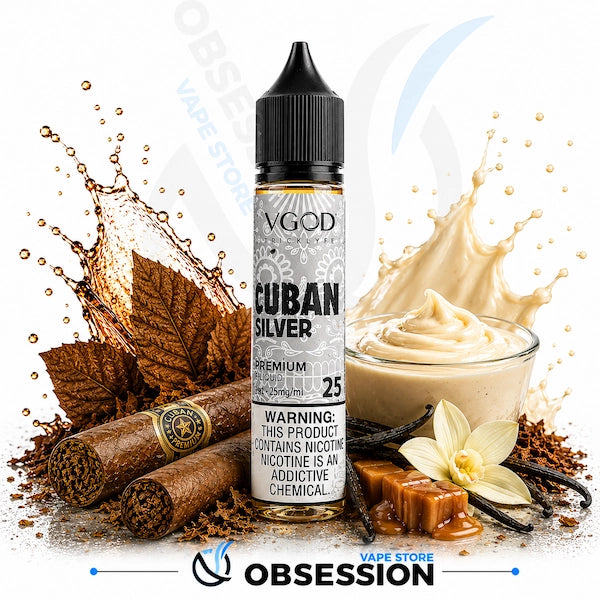 VGOD Cuban Silver vape juice bottle with vanilla and cinnamon elements on a white background