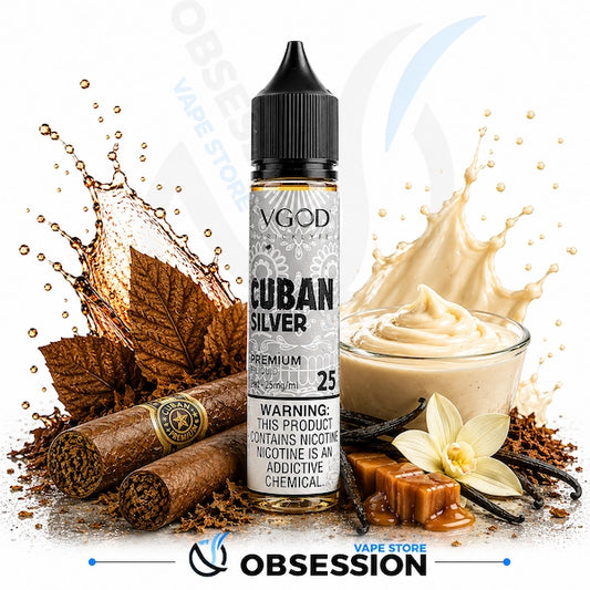 VGOD Cuban Silver vape juice bottle with vanilla and cinnamon elements on a white background