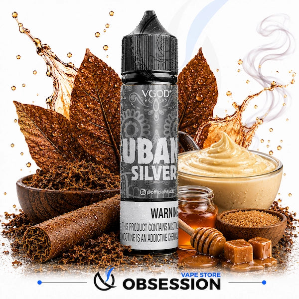 VGod cubano Silver vape juice bottle surrounded by coffee-themed elements on a white background.
