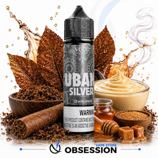 VGod cubano Silver vape juice bottle surrounded by coffee-themed elements on a white background.