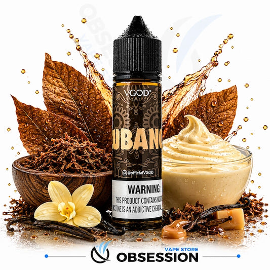 VGOD Cubano vape juice bottle surrounded by vanilla flowers, leaves, and a bowl of cream on a white background.