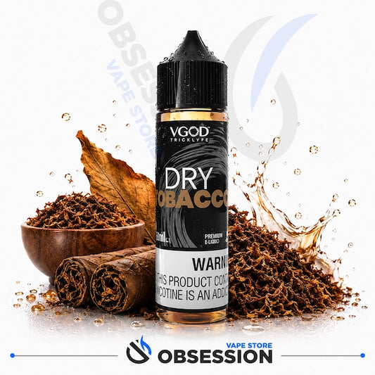VGOD Dry Tobacco e-liquid bottle with tobacco leaves and rolled tobacco on a white background.