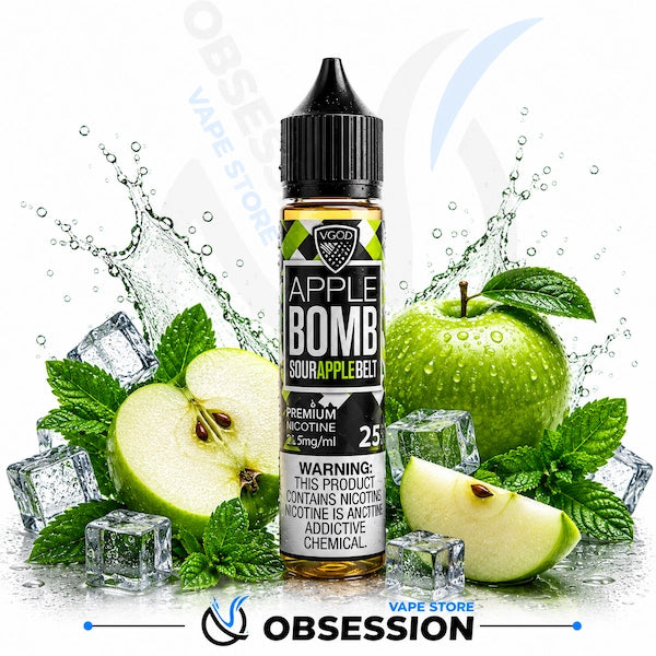 Vape juice bottle labeled 'Apple Bomb' with apples and ice cubes on a white background