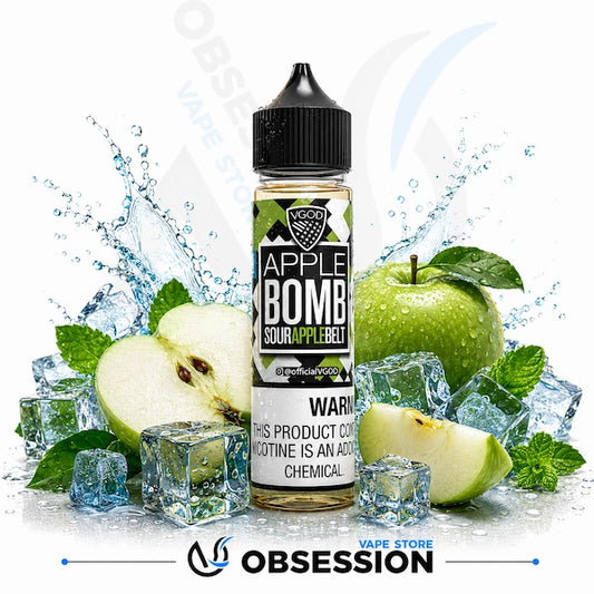 Vape juice bottle labeled 'Apple Bomb Sour Apple' with apples and ice cubes on a white background.