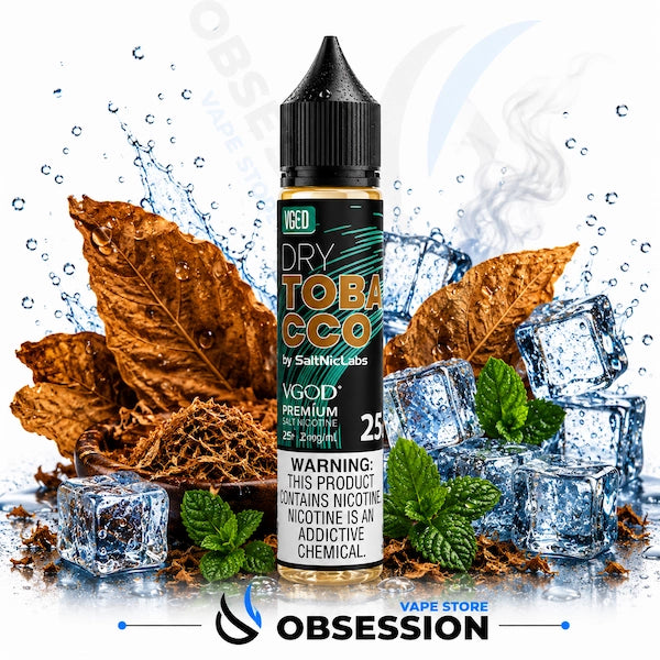 Vape juice bottle with tobacco leaves, ice cubes, and water droplets on a white background.