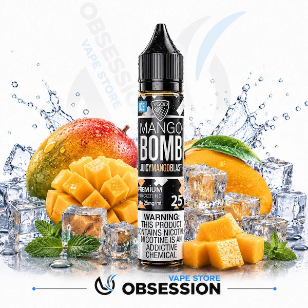 Mango Bomb vape juice bottle with mangoes, ice cubes, and water splashes on a white background.