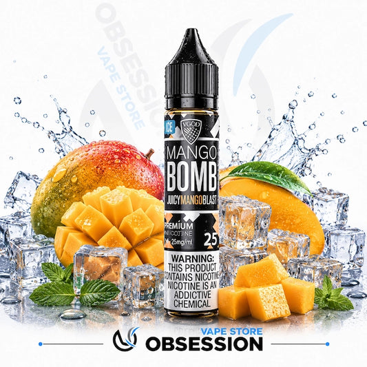 Mango Bomb vape juice bottle with mangoes, ice cubes, and water splashes on a white background.