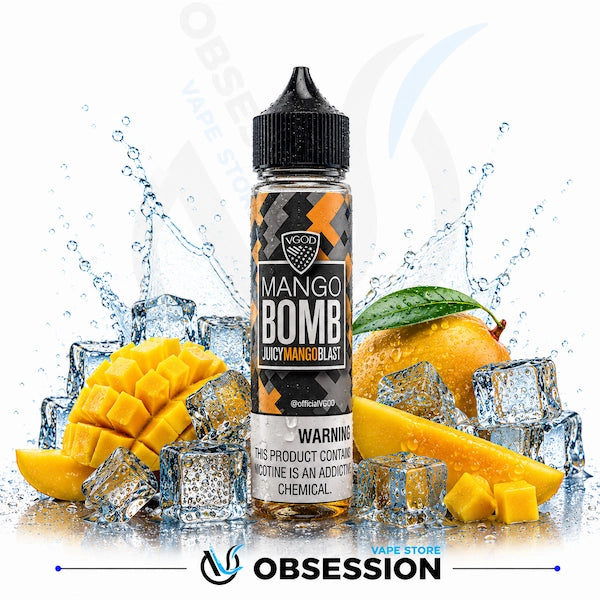 Mango-themed vape juice bottle with mangoes, lemons, and ice cubes on a white background.